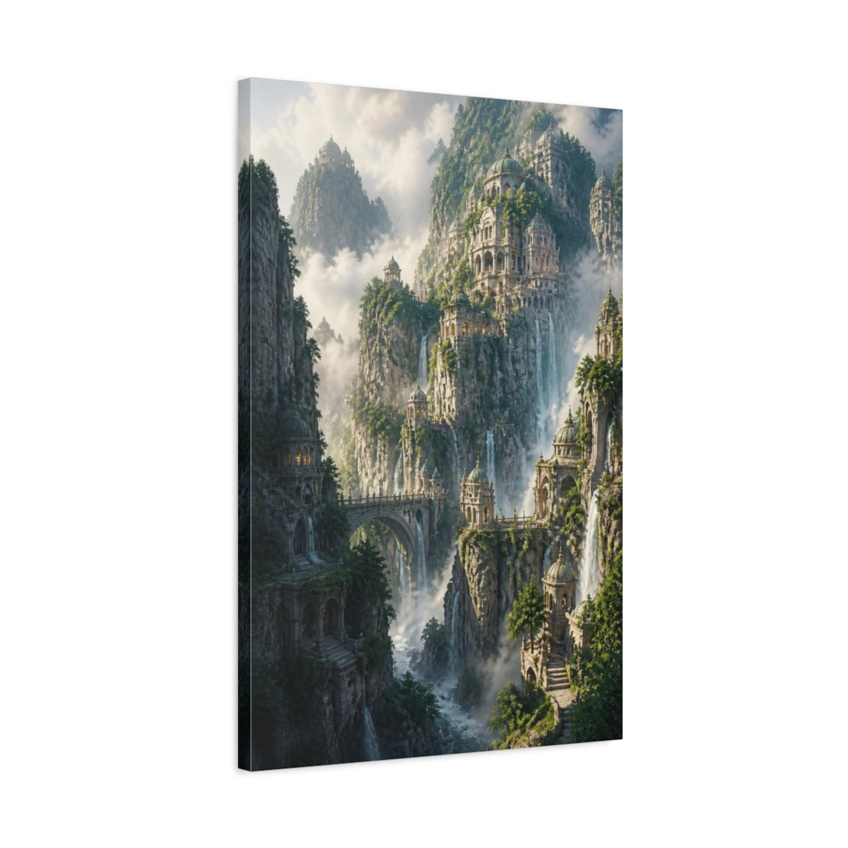 Side Mockup 2. Cliff Citadel At Dawn shown as canvas print