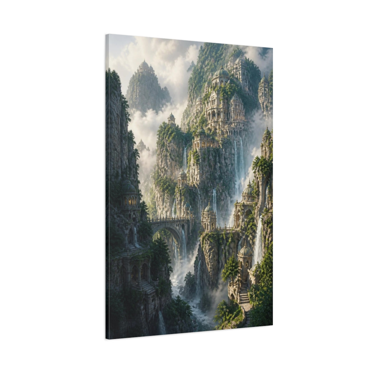 Side Mockup 1. Cliff Citadel At Dawn shown as canvas print