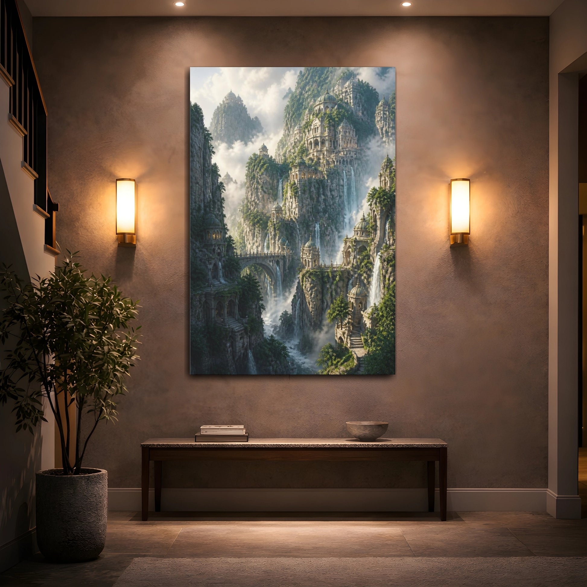 Mockup 2. Cliff Citadel At Dawn shown as canvas print