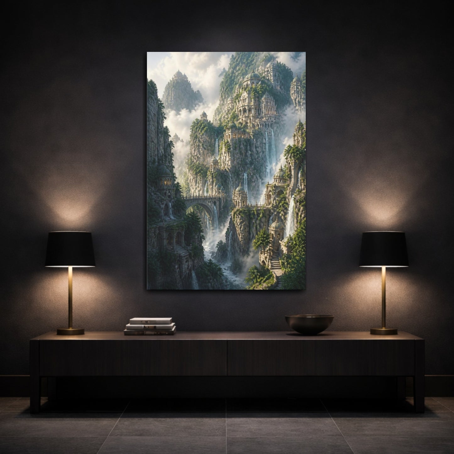 Mockup 3. Cliff Citadel At Dawn shown as canvas print