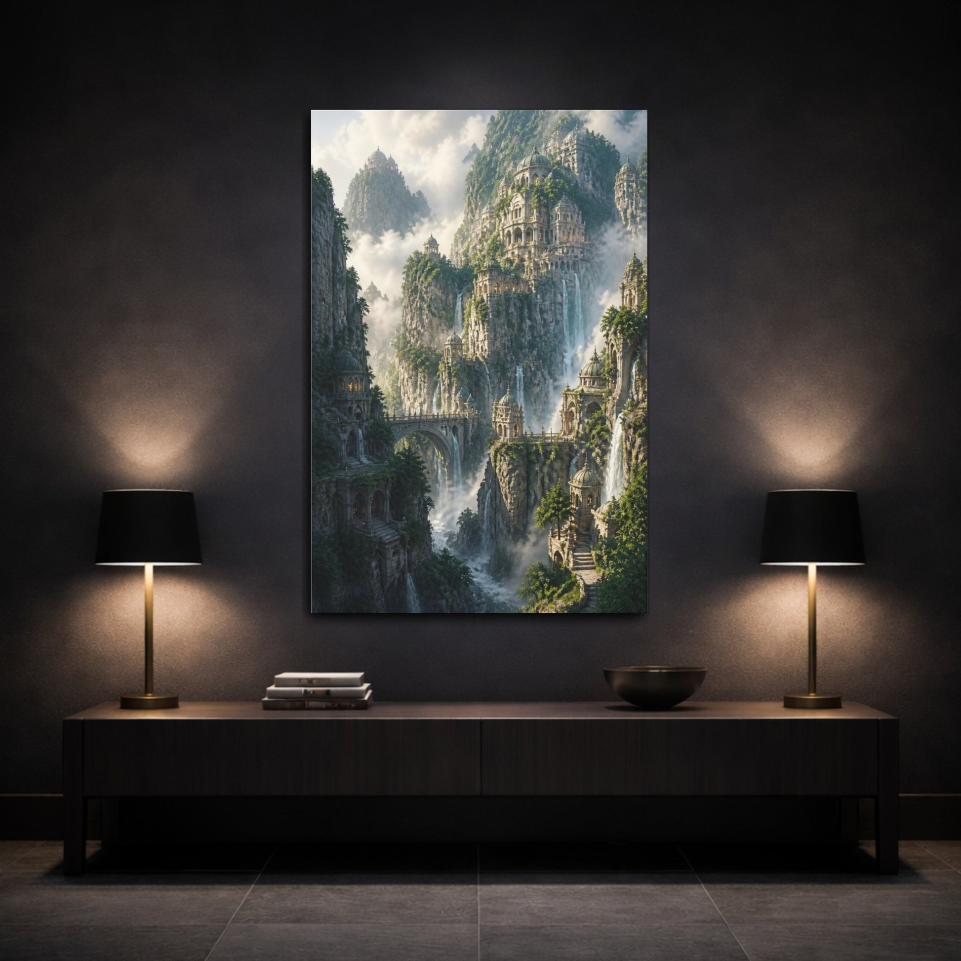 Mockup 3. Cliff Citadel At Dawn shown as canvas print