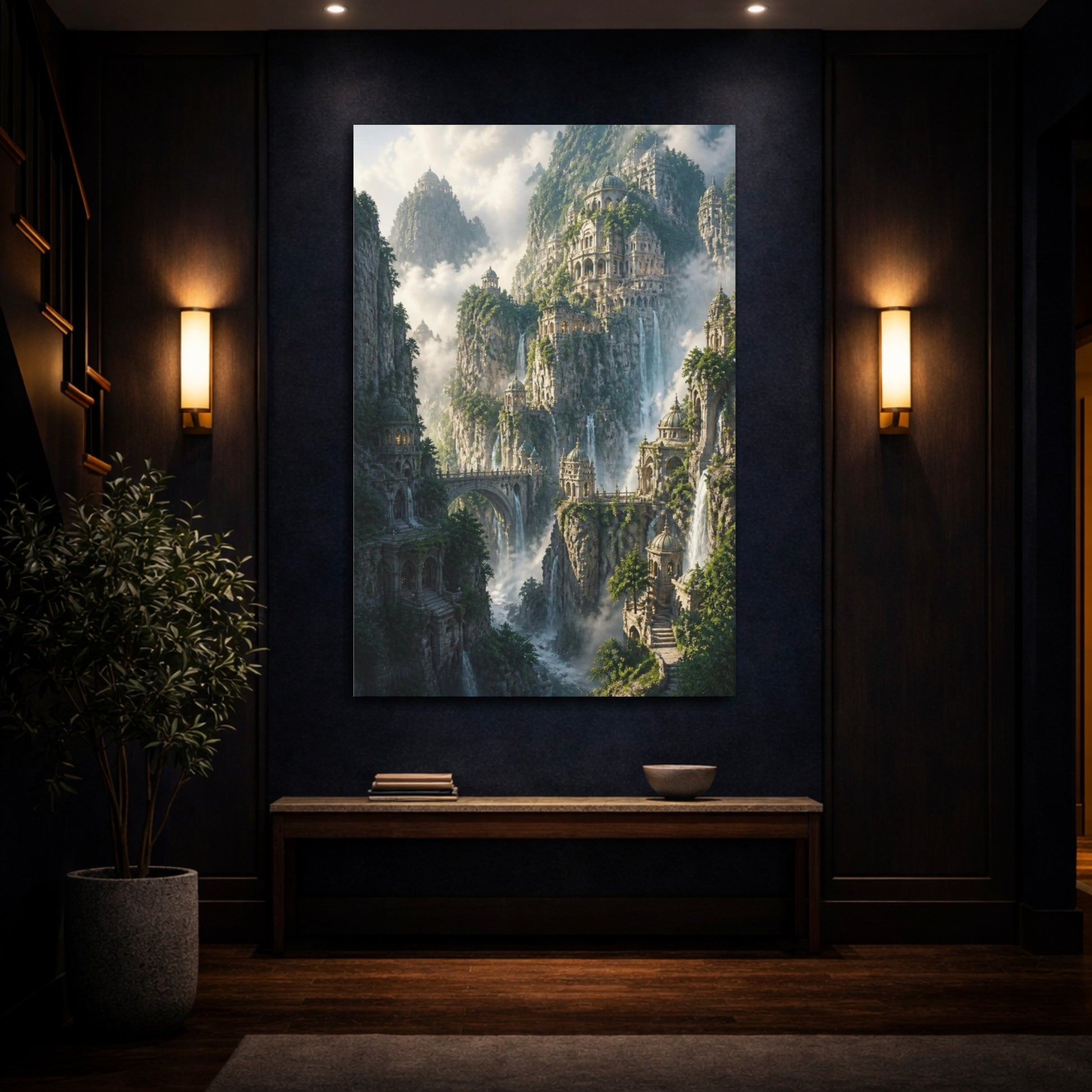 Mockup 4. Cliff Citadel At Dawn shown as canvas print