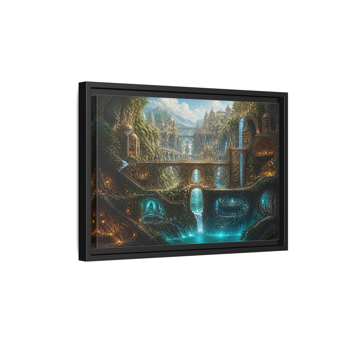 Side Mockup 6. Cliff City Of Bridges shown as framed canvas print