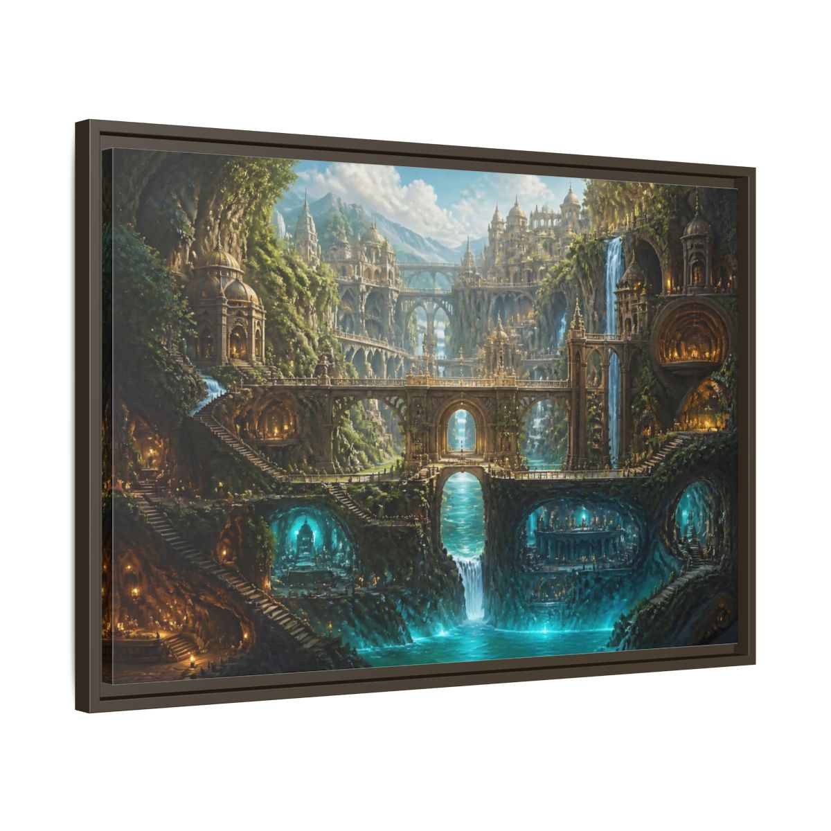 Side Mockup 11. Cliff City Of Bridges shown as framed canvas print