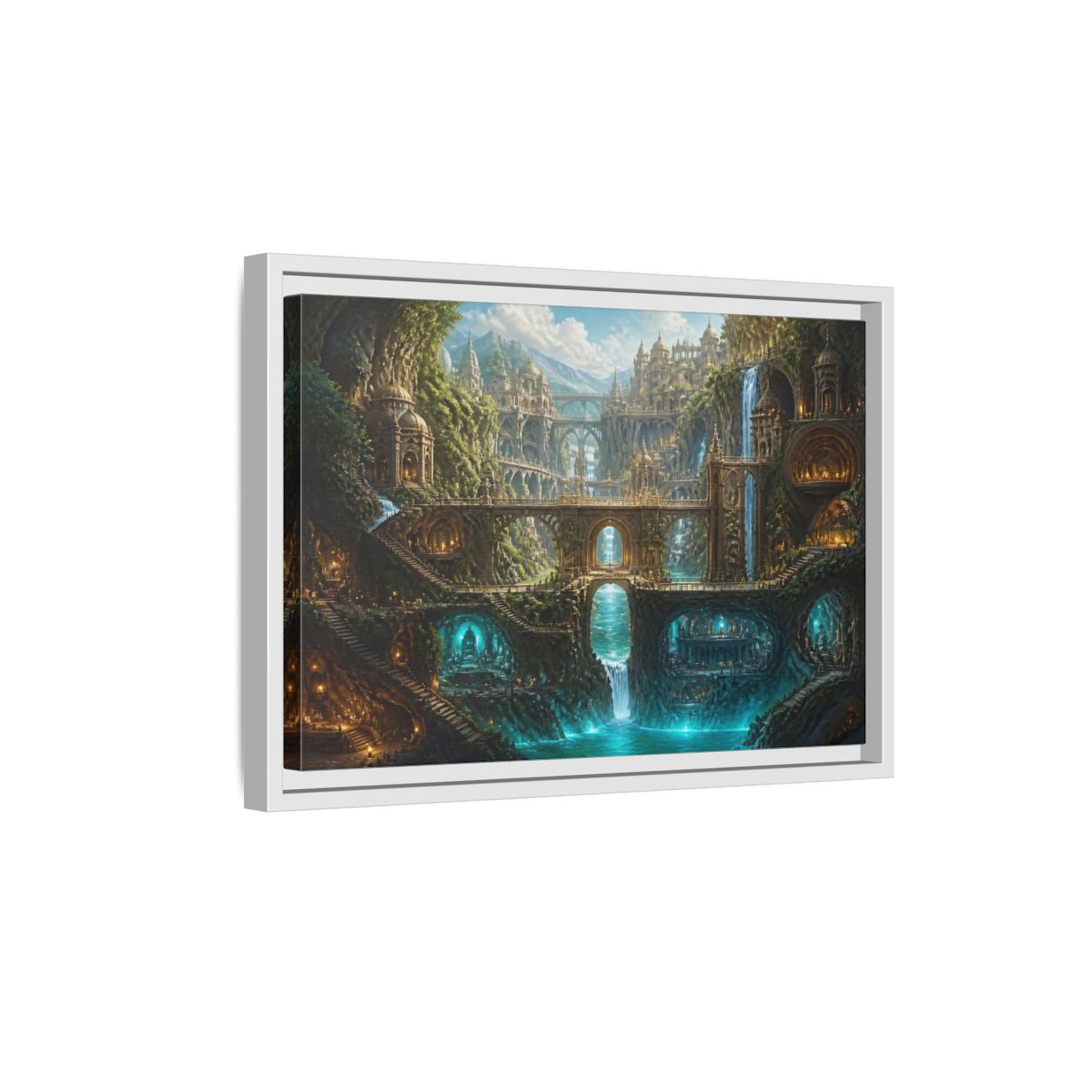 Side Mockup 4. Cliff City Of Bridges shown as framed canvas print