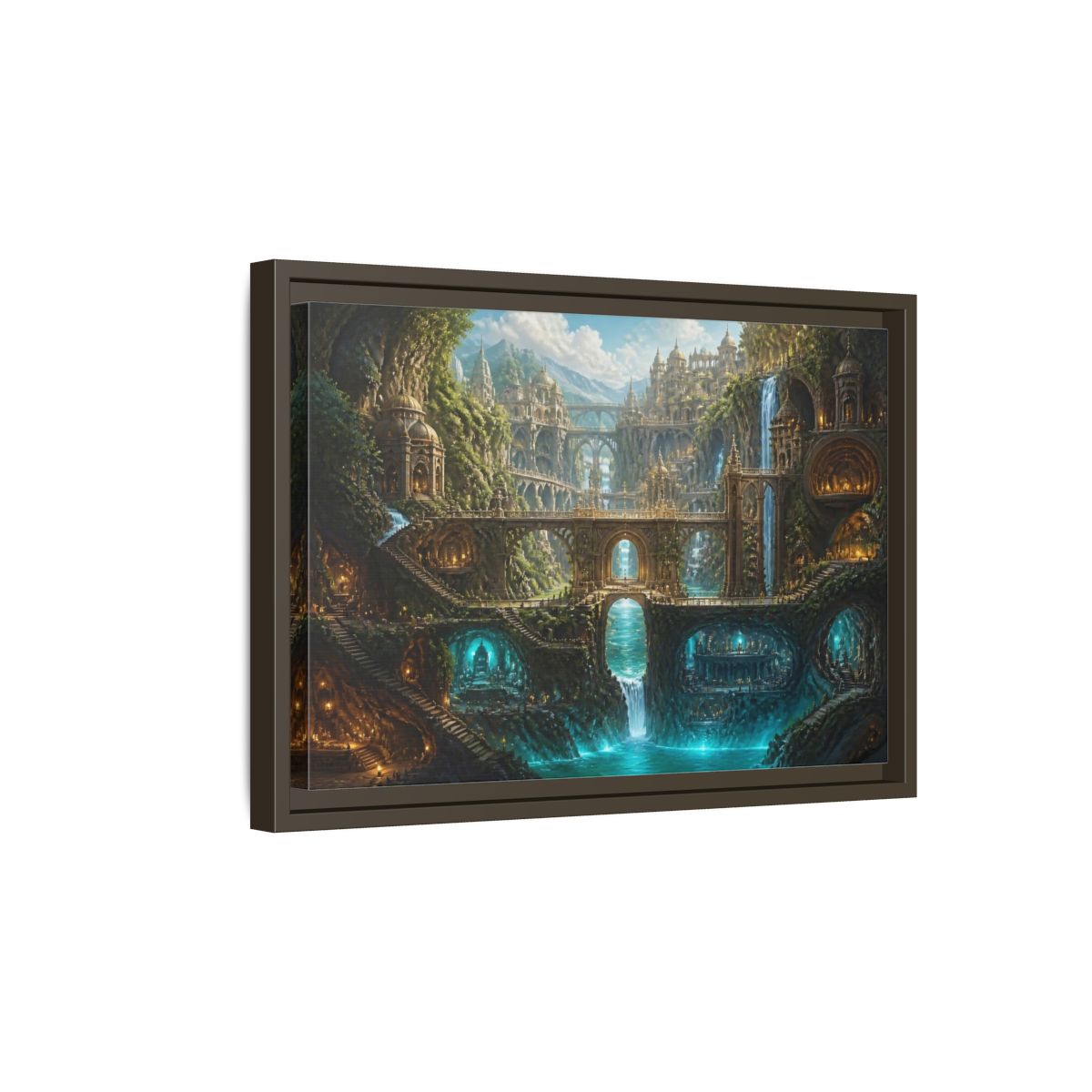 Side Mockup 5. Cliff City Of Bridges shown as framed canvas print