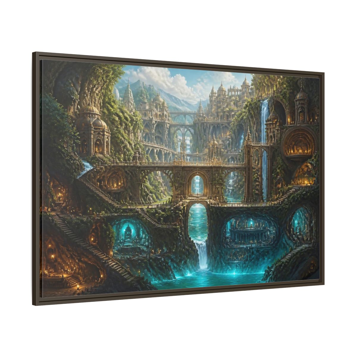 Side Mockup 8. Cliff City Of Bridges shown as framed canvas print