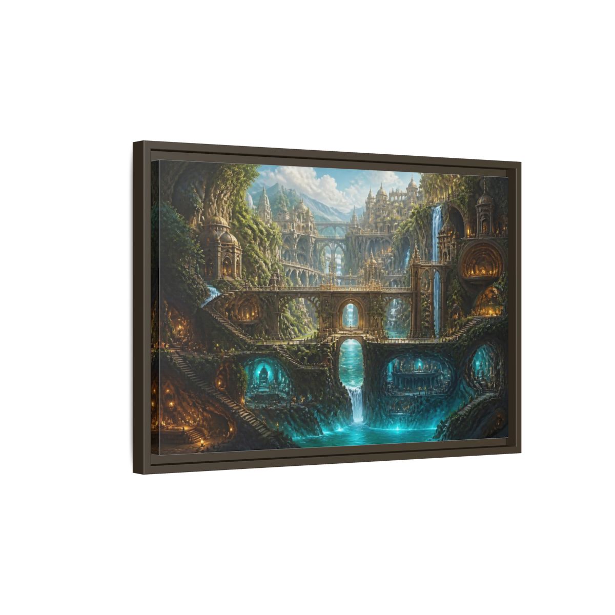 Side Mockup 2. Cliff City Of Bridges shown as framed canvas print