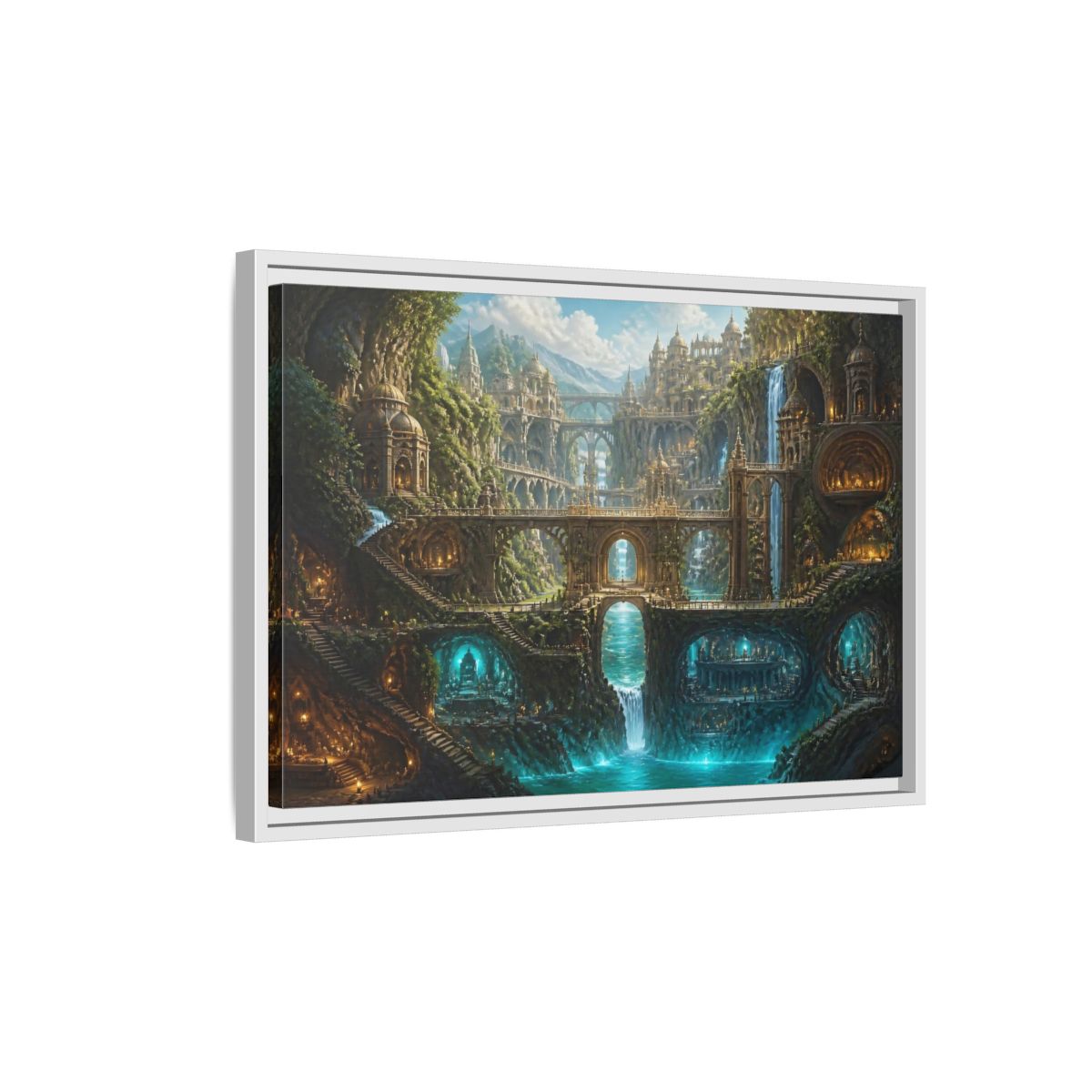 Side Mockup 1. Cliff City Of Bridges shown as framed canvas print