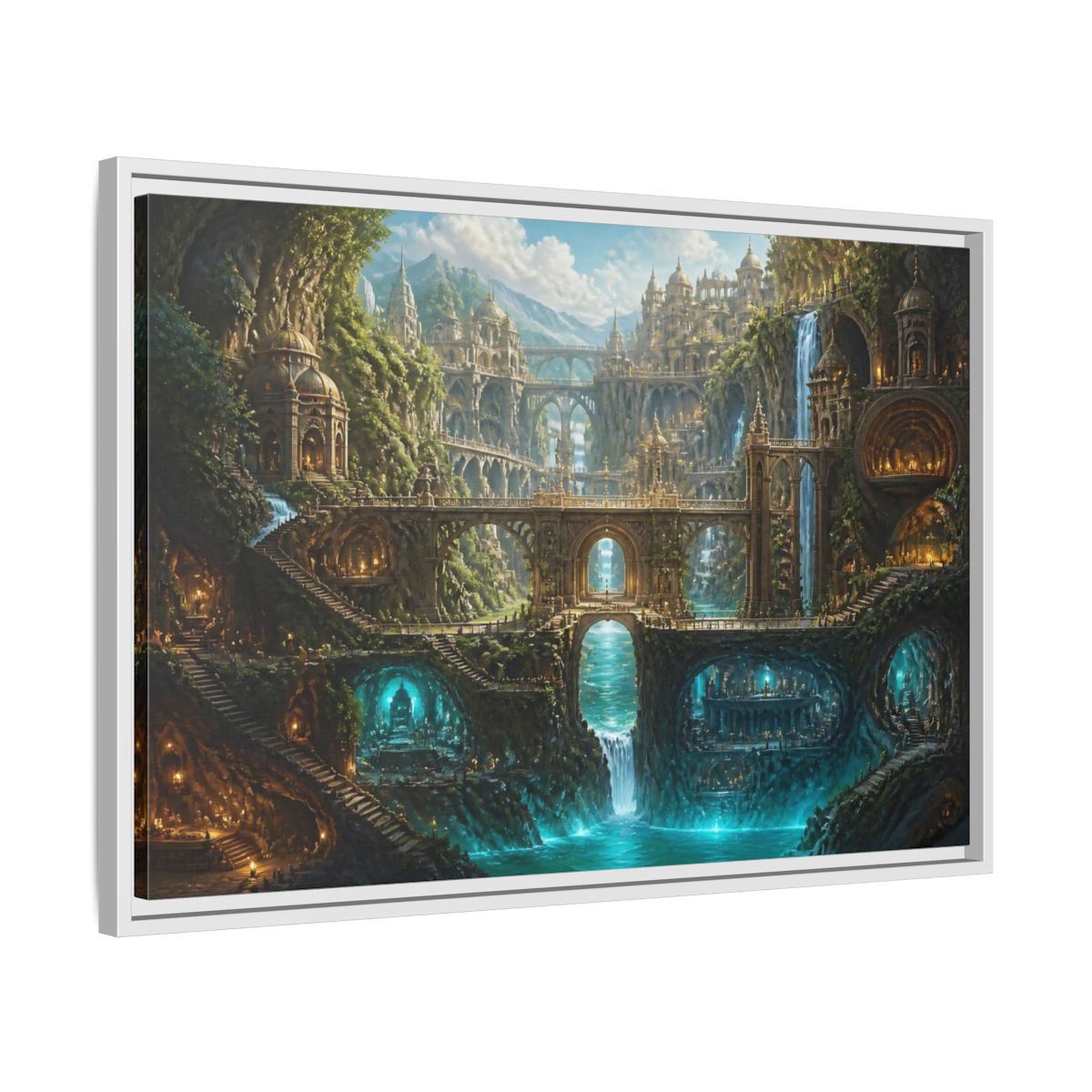 Side Mockup 10. Cliff City Of Bridges shown as framed canvas print