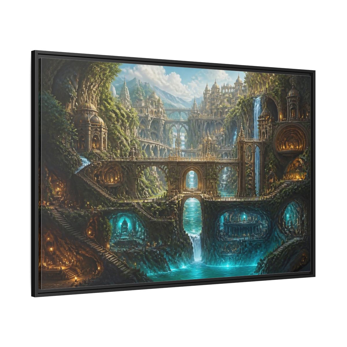 Side Mockup 12. Cliff City Of Bridges shown as framed canvas print