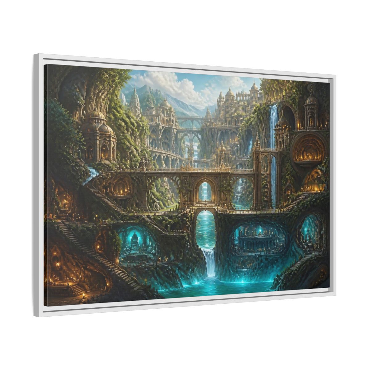 Side Mockup 9. Cliff City Of Bridges shown as framed canvas print