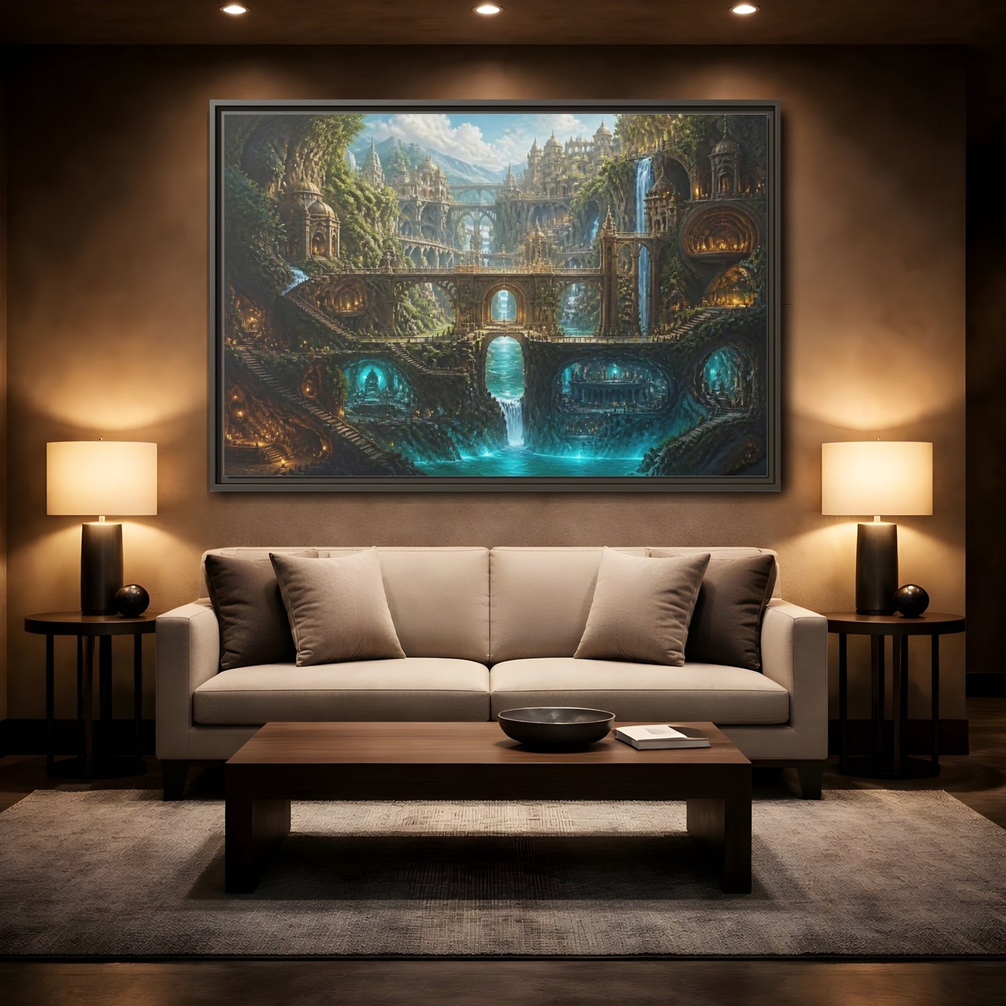 Mockup 2. Cliff City Of Bridges shown as framed canvas print