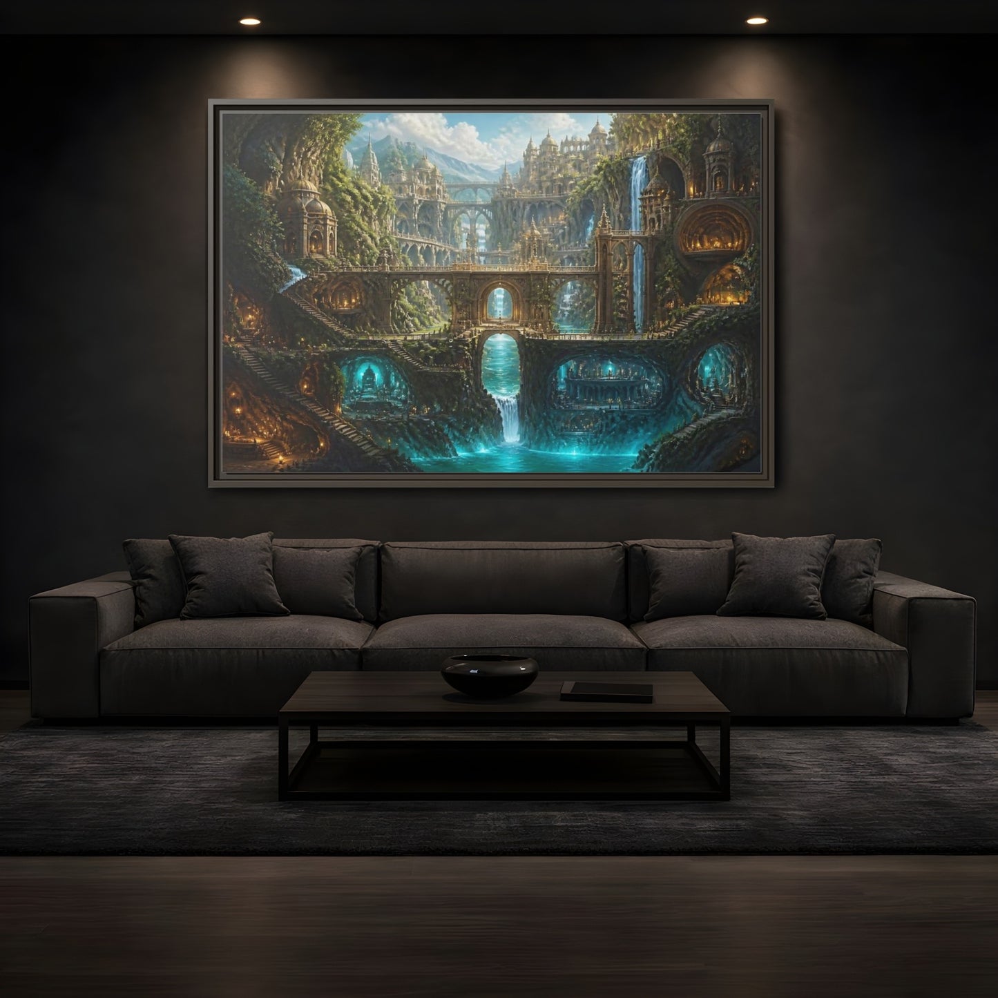 Mockup 3. Cliff City Of Bridges shown as framed canvas print