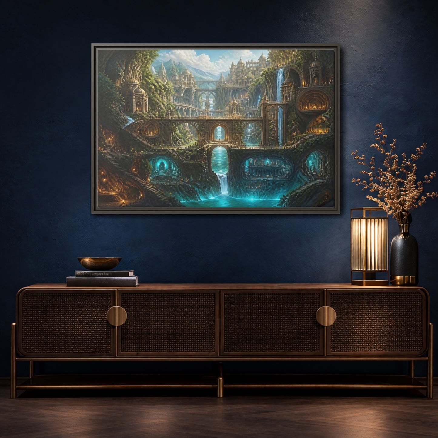 Mockup 4. Cliff City Of Bridges shown as framed canvas print