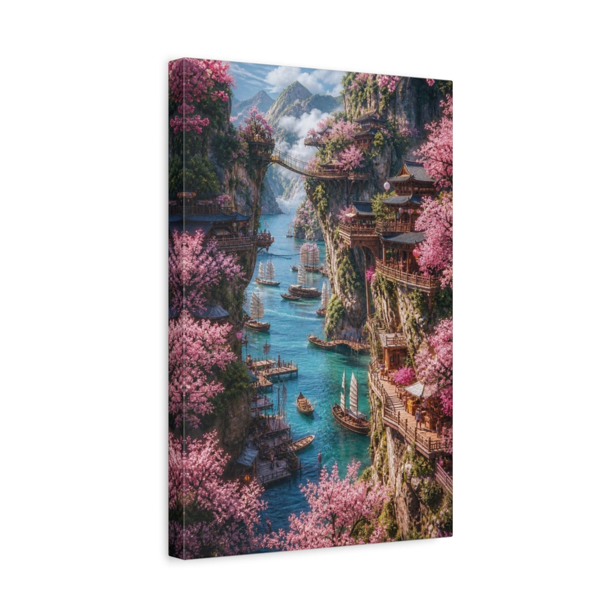 Side Mockup 4. Cliffside Cherry Harbor shown as canvas print