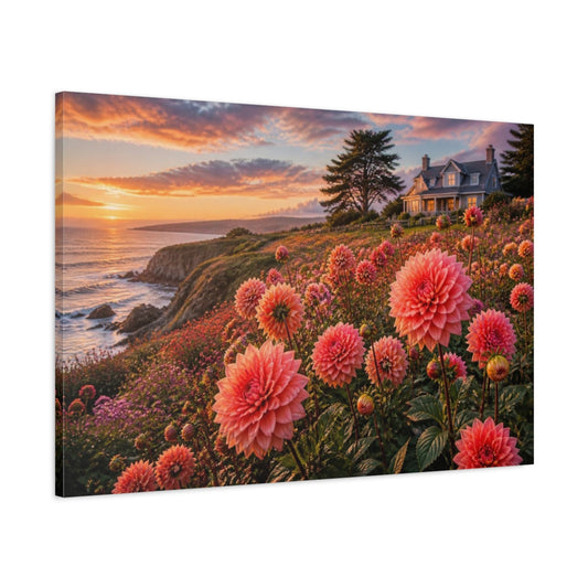 Main Mockup. Cliffside Coral Dahlias At Sunset shown as canvas print