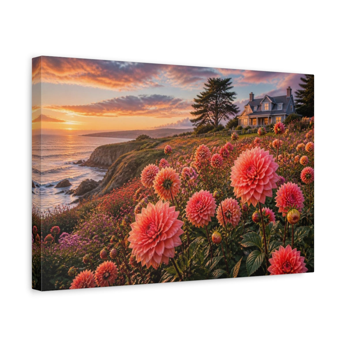Side Mockup 4. Cliffside Coral Dahlias At Sunset shown as canvas print