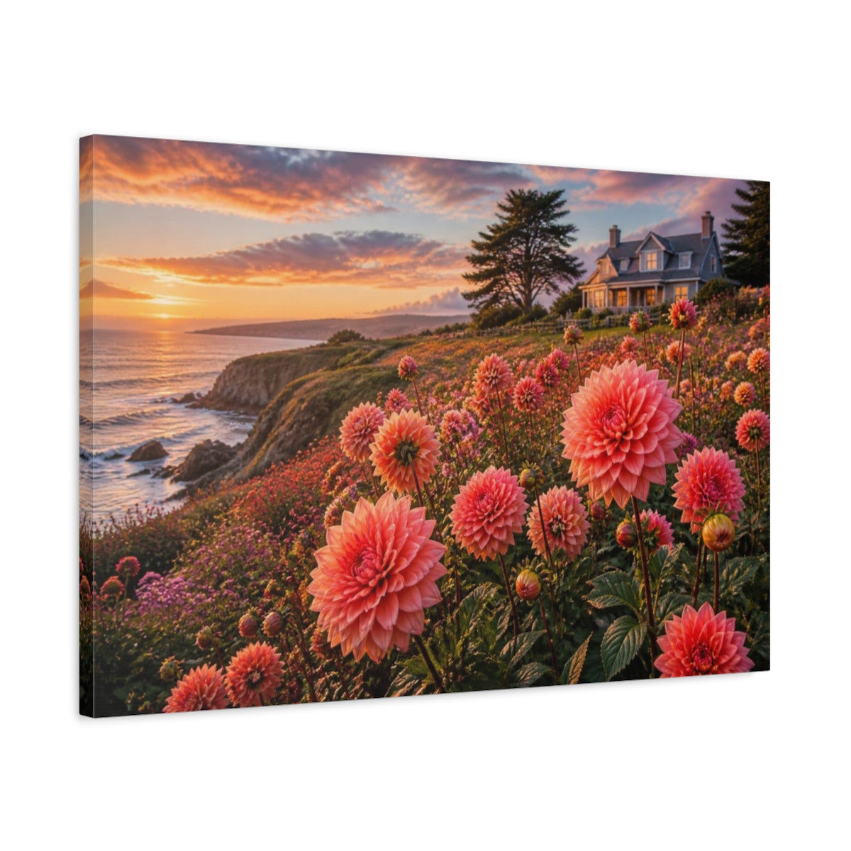 Side Mockup 2. Cliffside Coral Dahlias At Sunset shown as canvas print