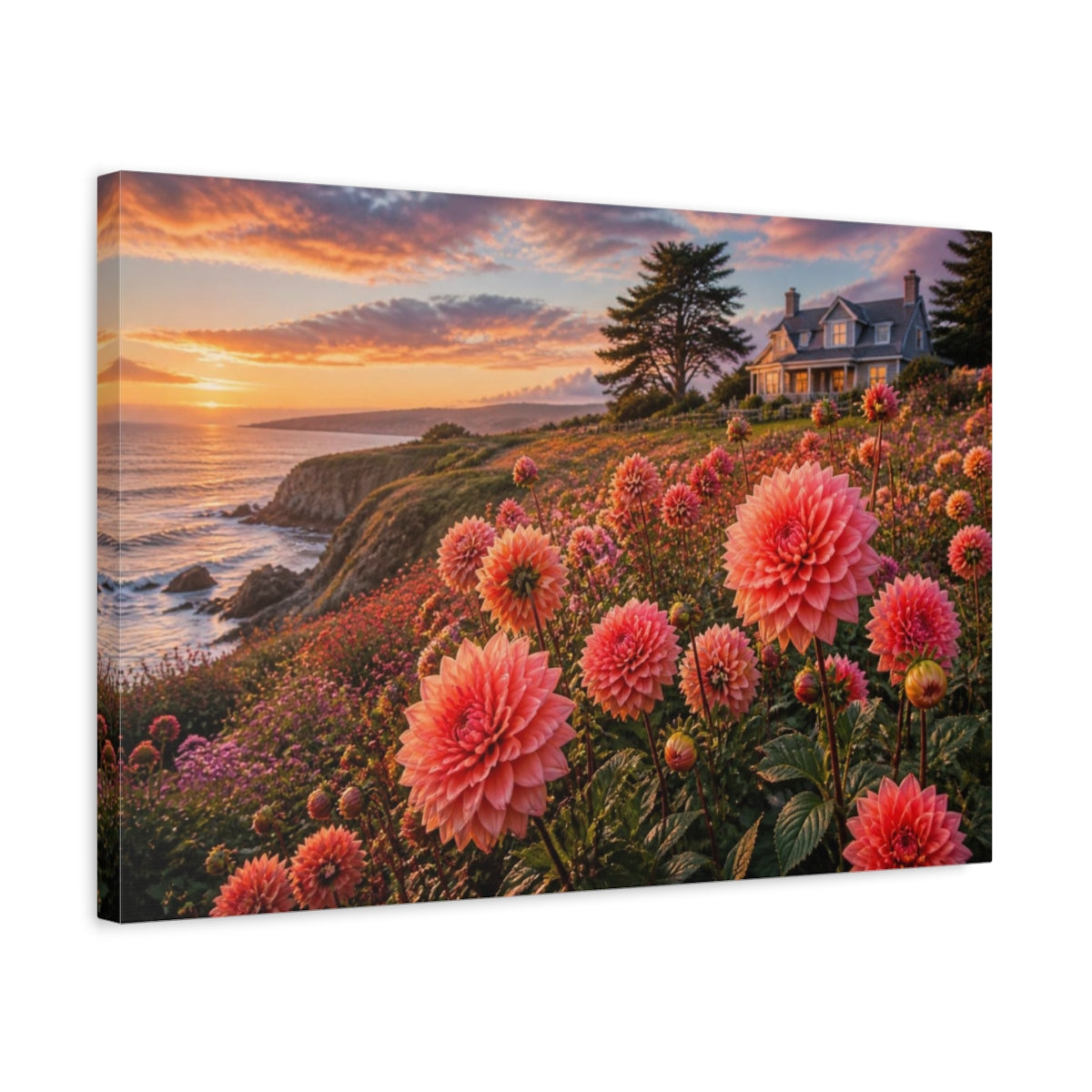 Side Mockup 3. Cliffside Coral Dahlias At Sunset shown as canvas print