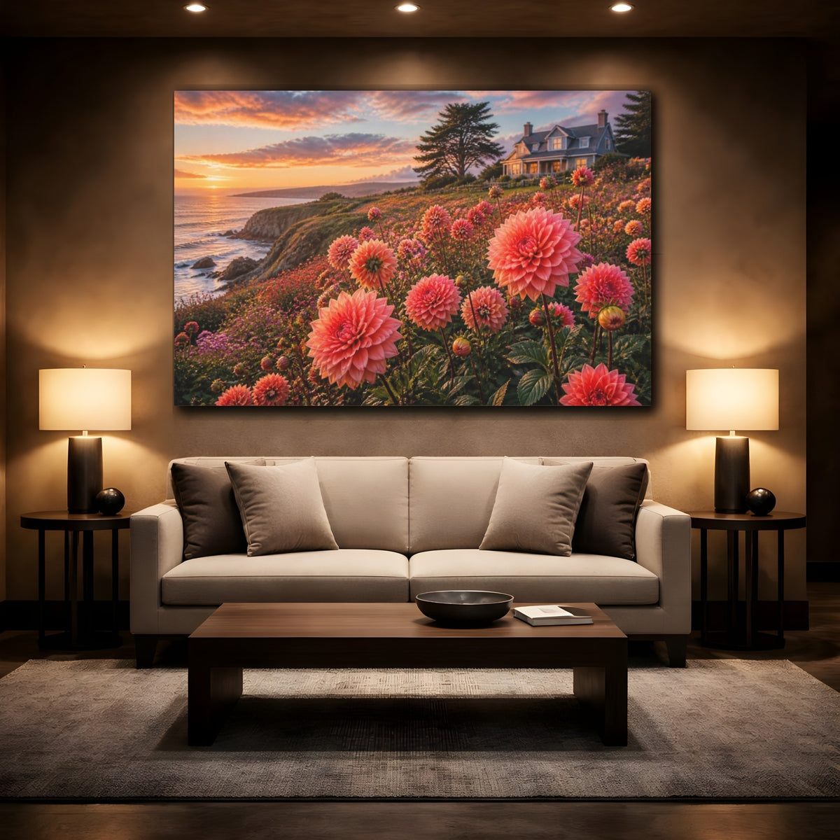 Mockup 2. Cliffside Coral Dahlias At Sunset shown as canvas print