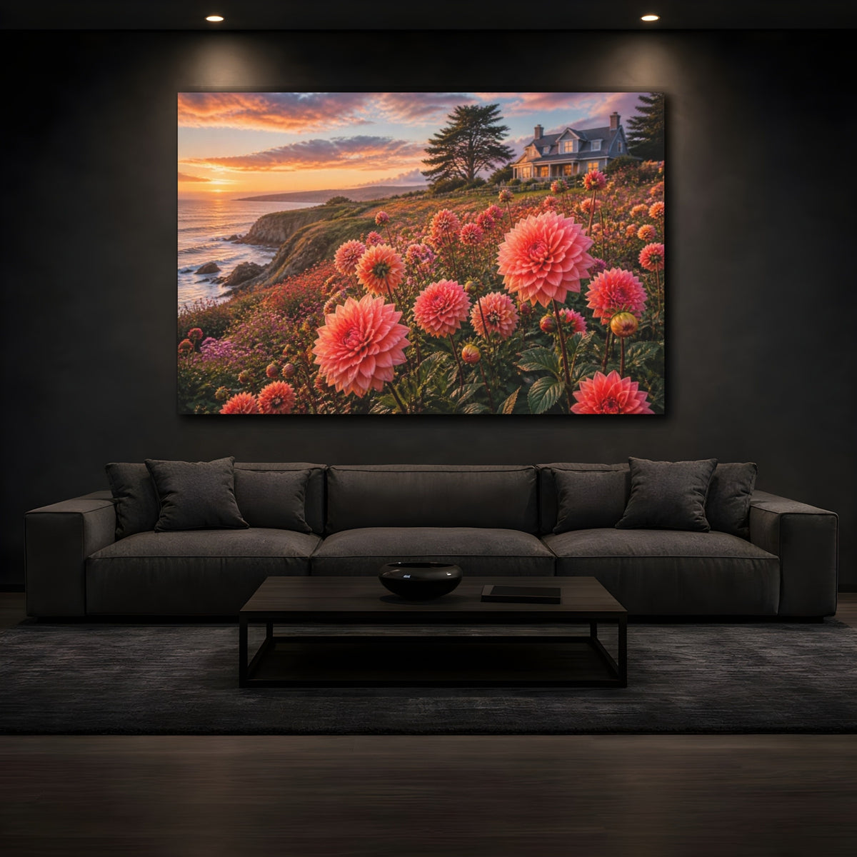 Mockup 3. Cliffside Coral Dahlias At Sunset shown as canvas print