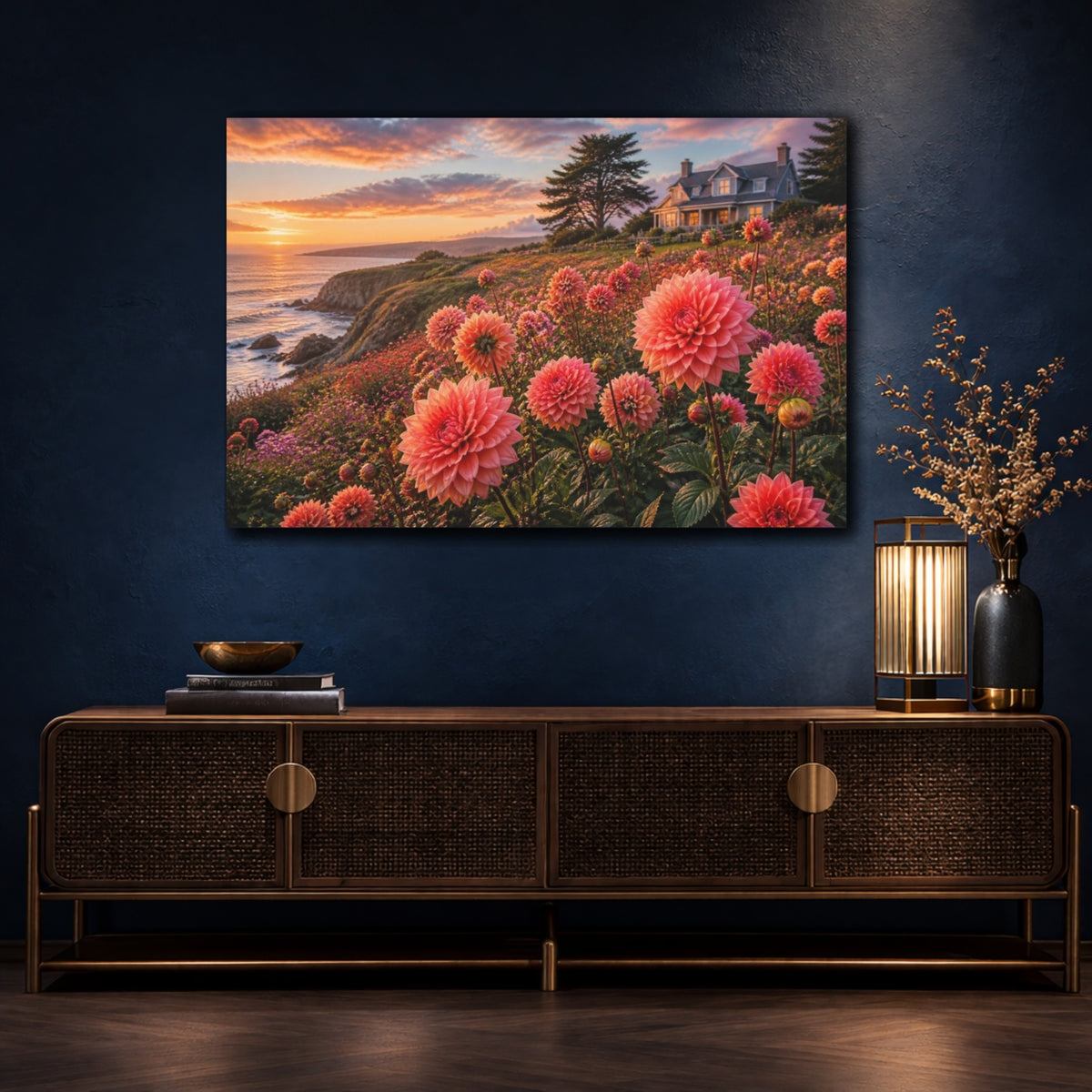 Mockup 4. Cliffside Coral Dahlias At Sunset shown as canvas print