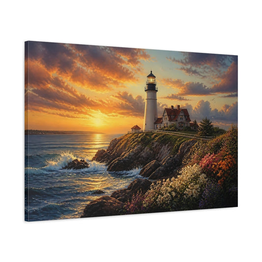 Main Mockup. Cliffside Lighthouse At Sunset shown as canvas print