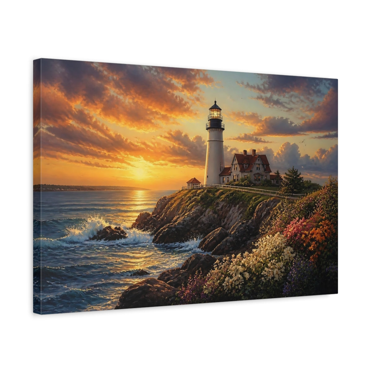 Side Mockup 3. Cliffside Lighthouse At Sunset shown as canvas print