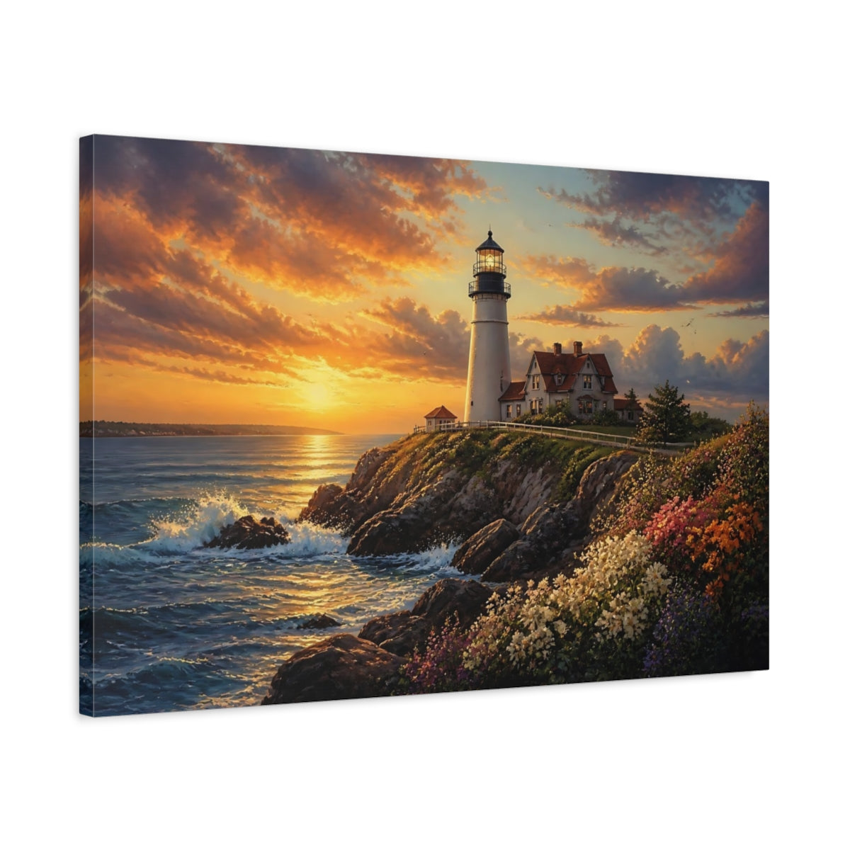 Side Mockup 2. Cliffside Lighthouse At Sunset shown as canvas print