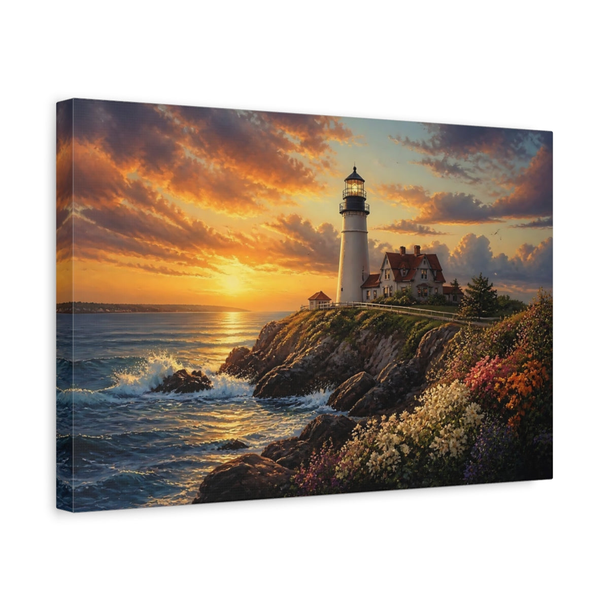 Side Mockup 4. Cliffside Lighthouse At Sunset shown as canvas print