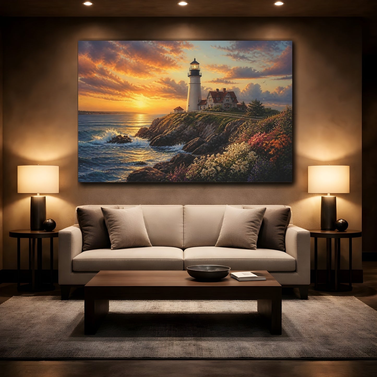 Mockup 2. Cliffside Lighthouse At Sunset shown as canvas print