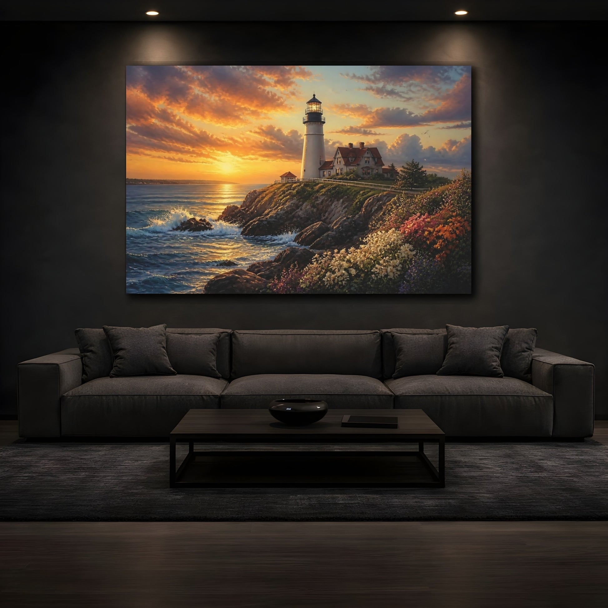 Mockup 3. Cliffside Lighthouse At Sunset shown as canvas print
