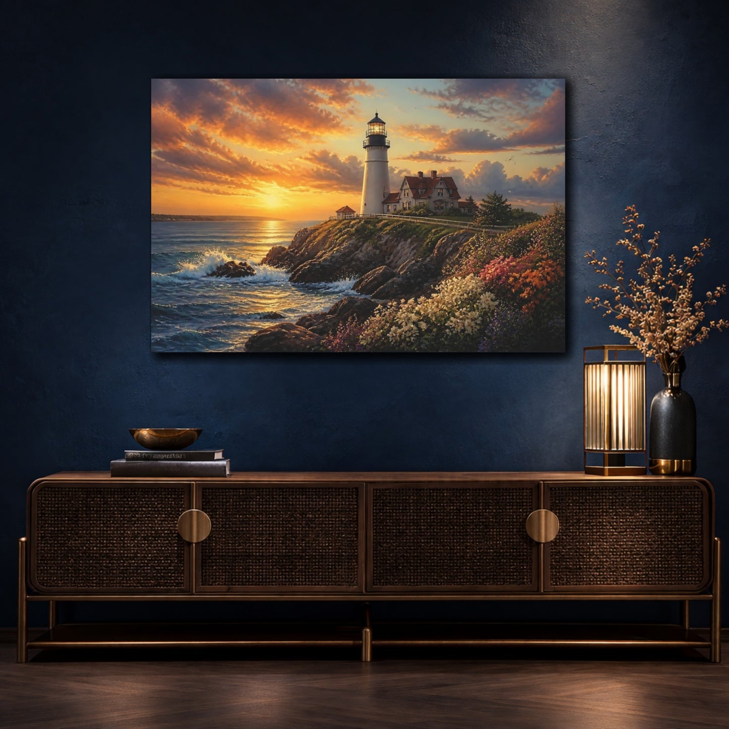 Mockup 4. Cliffside Lighthouse At Sunset shown as canvas print