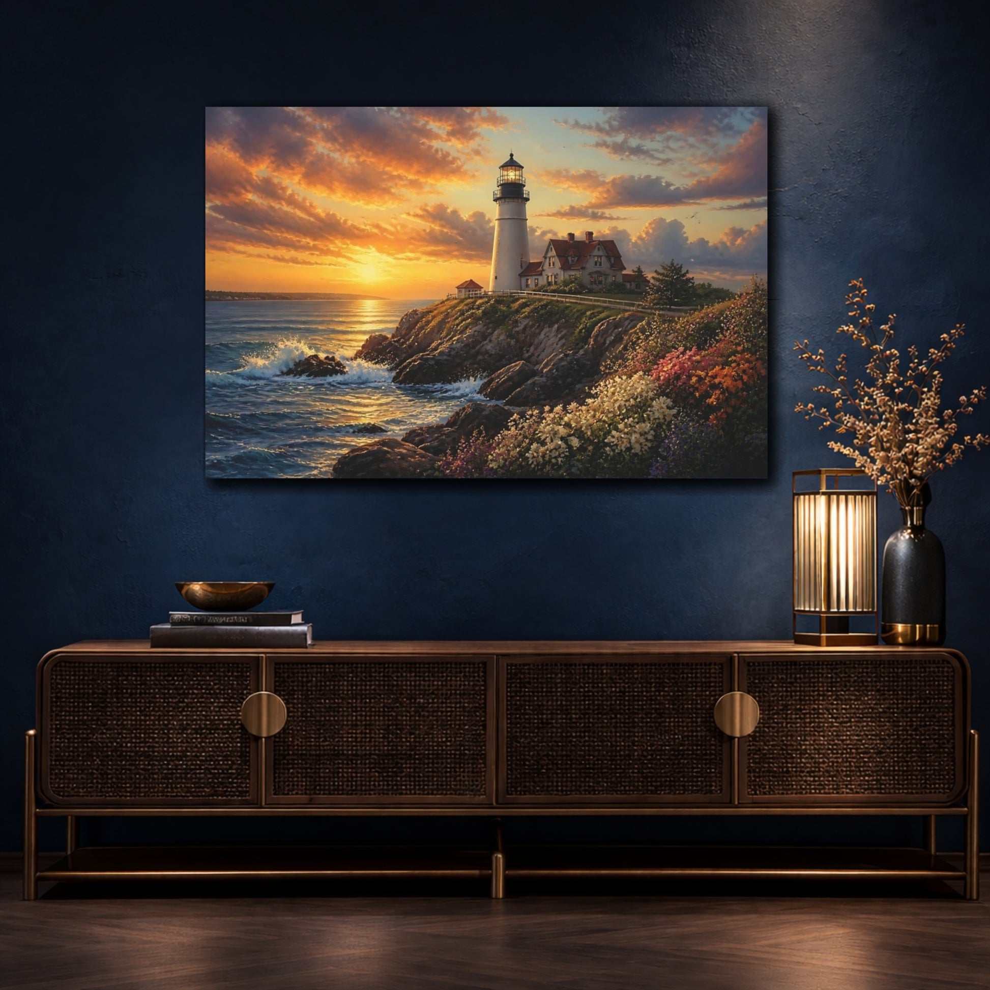 Mockup 4. Cliffside Lighthouse At Sunset shown as canvas print
