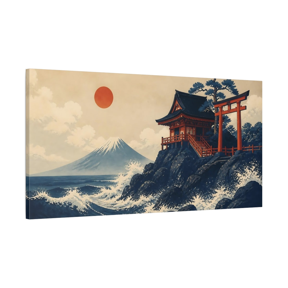 Main Mockup. Cliffside Shinto Shrine shown as canvas print
