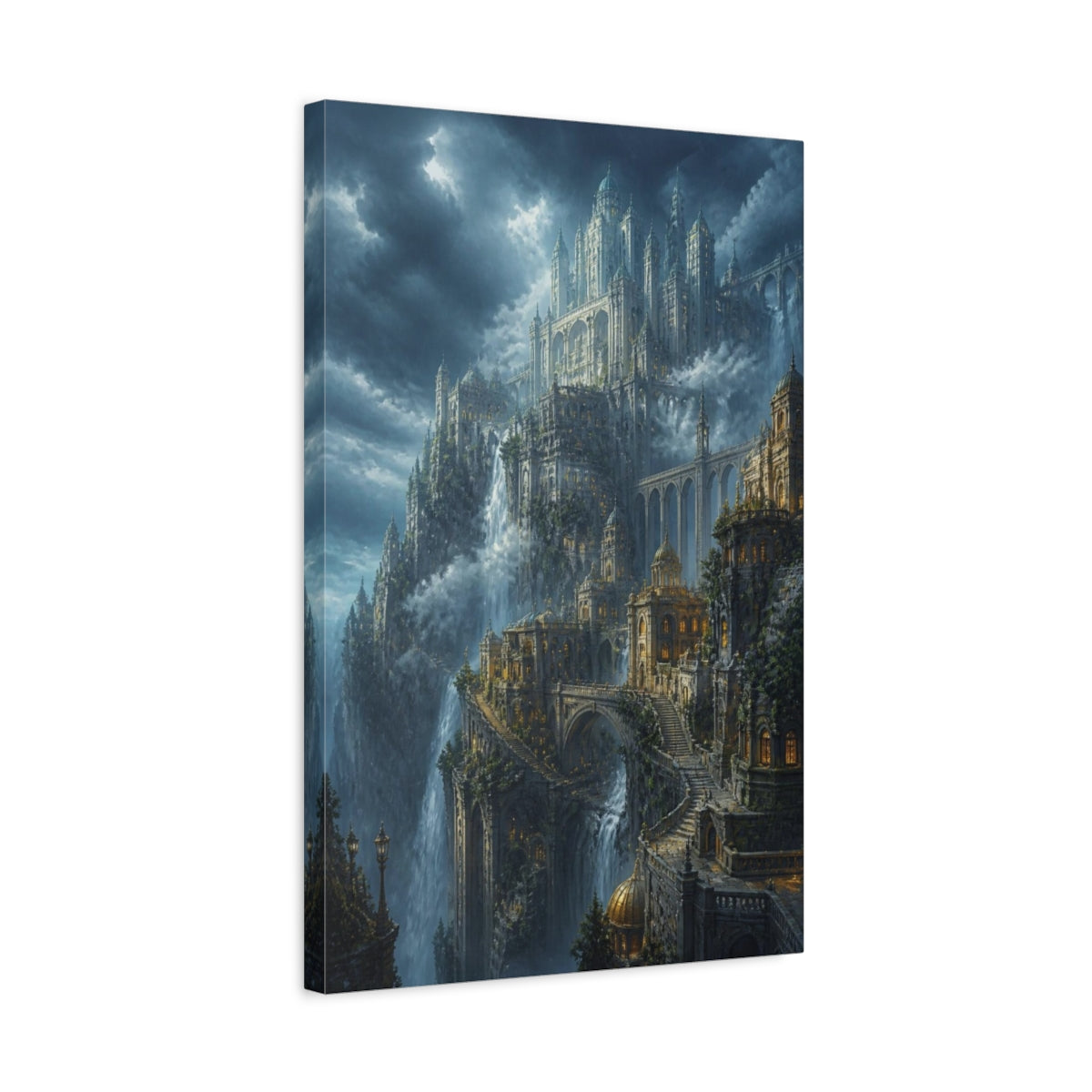 Side Mockup 3. Cliffside Sky Citadel shown as canvas print