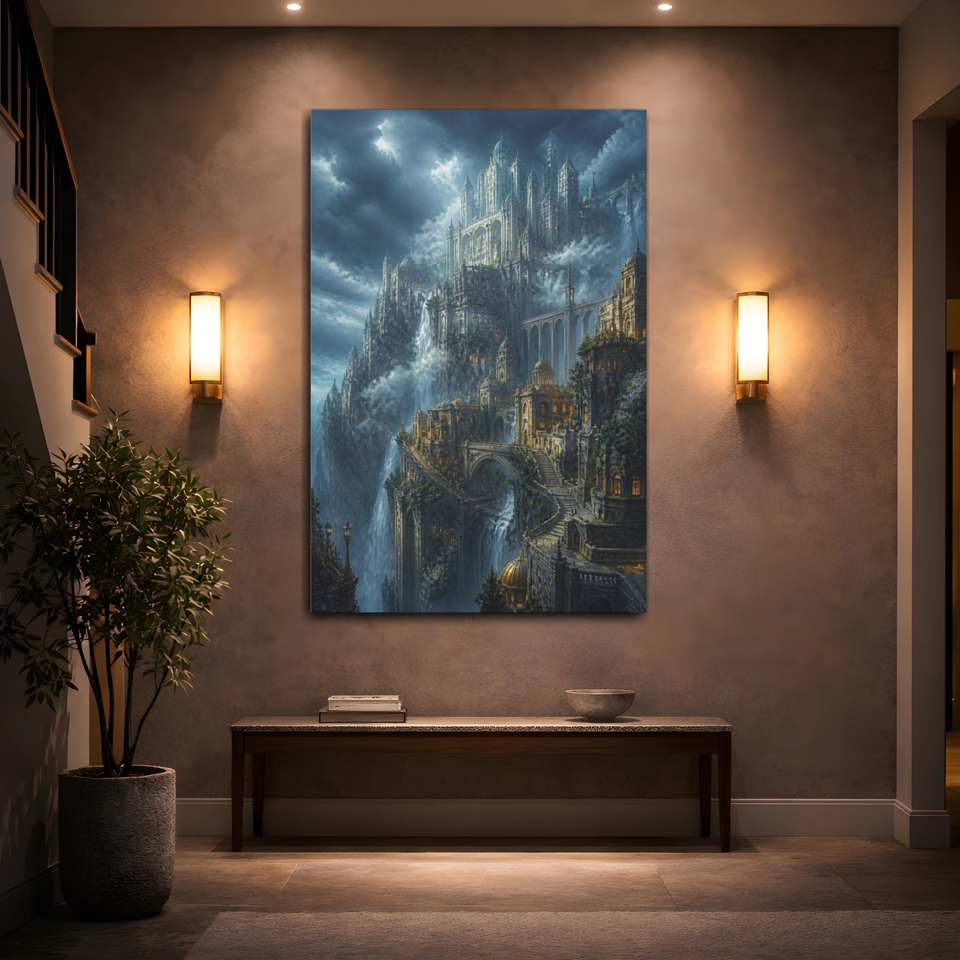 Mockup 2. Cliffside Sky Citadel shown as canvas print