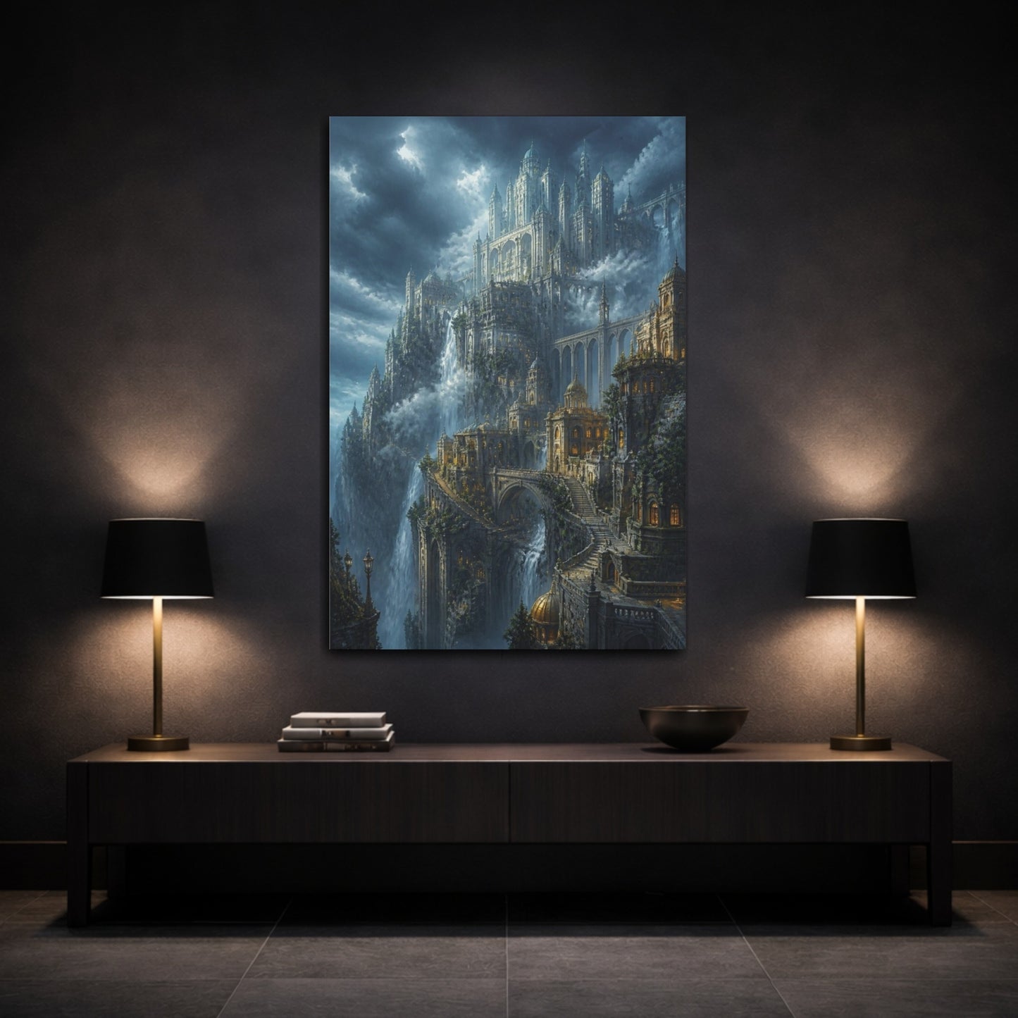 Mockup 3. Cliffside Sky Citadel shown as canvas print