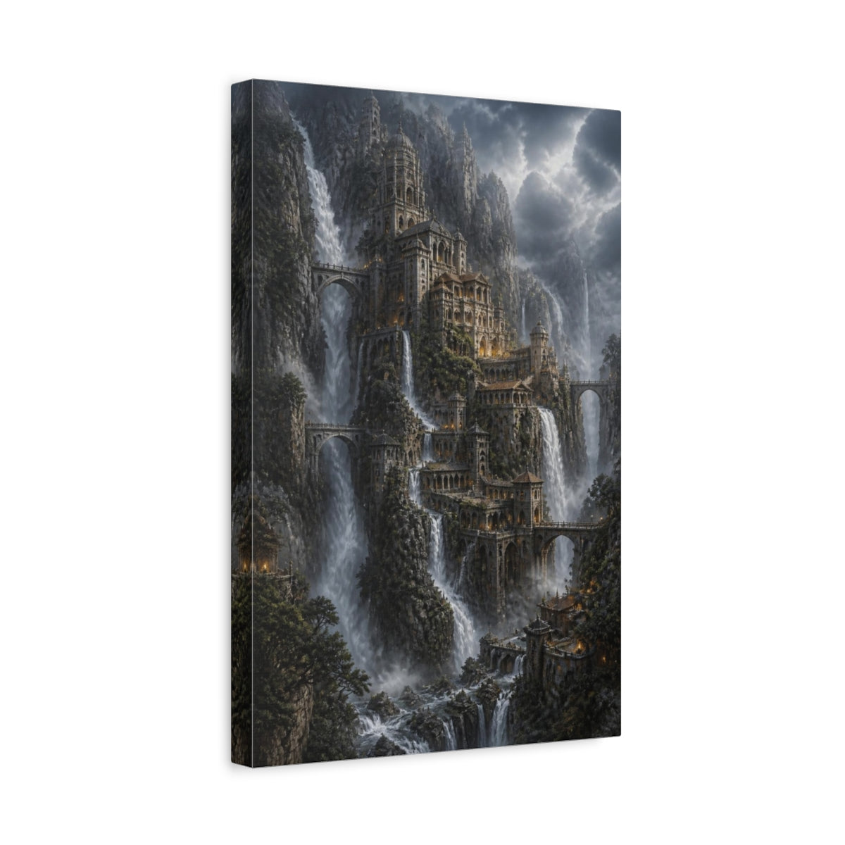 Side Mockup 4. Cliffside Waterfall Citadel shown as canvas print