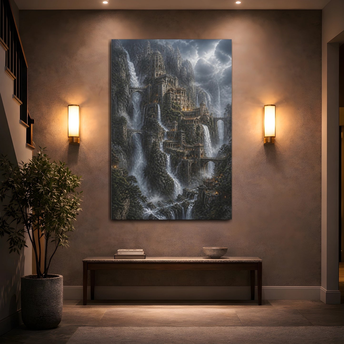 Mockup 2. Cliffside Waterfall Citadel shown as canvas print