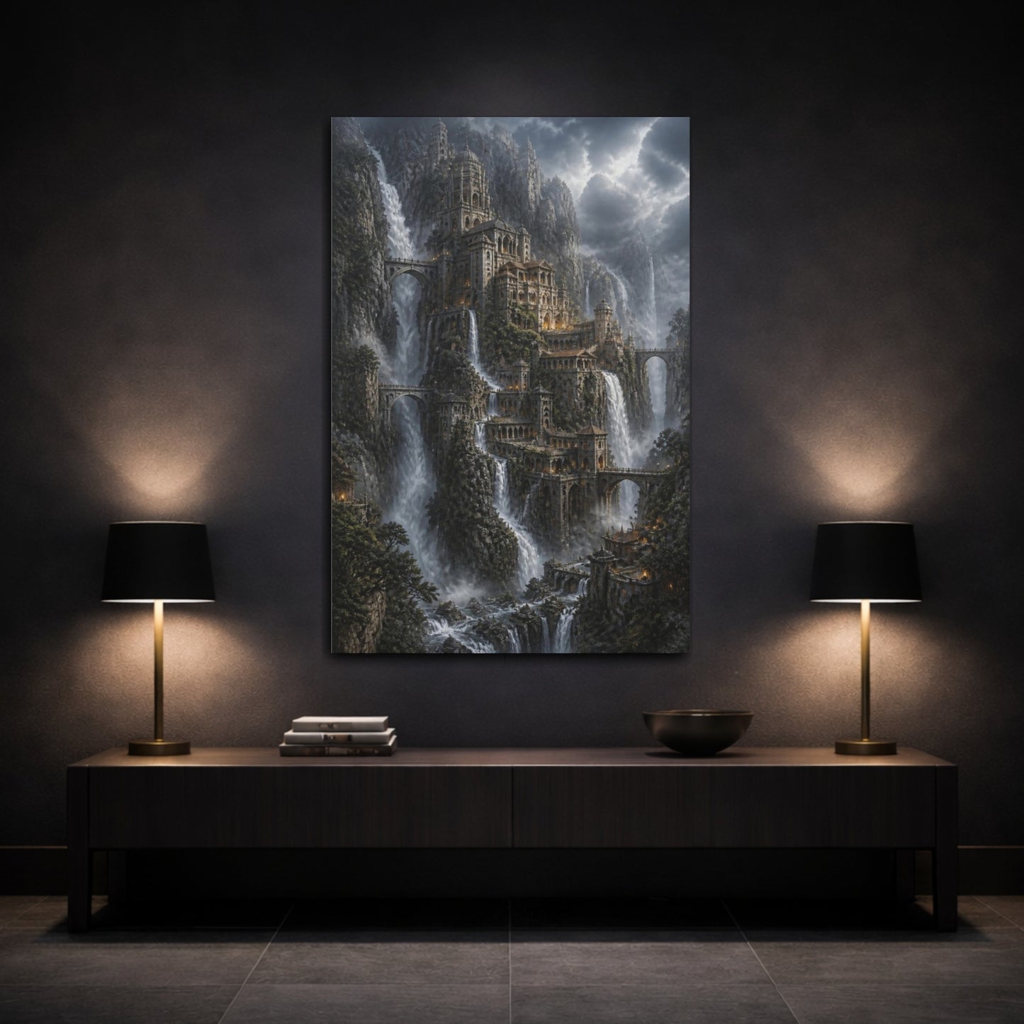 Mockup 3. Cliffside Waterfall Citadel shown as canvas print
