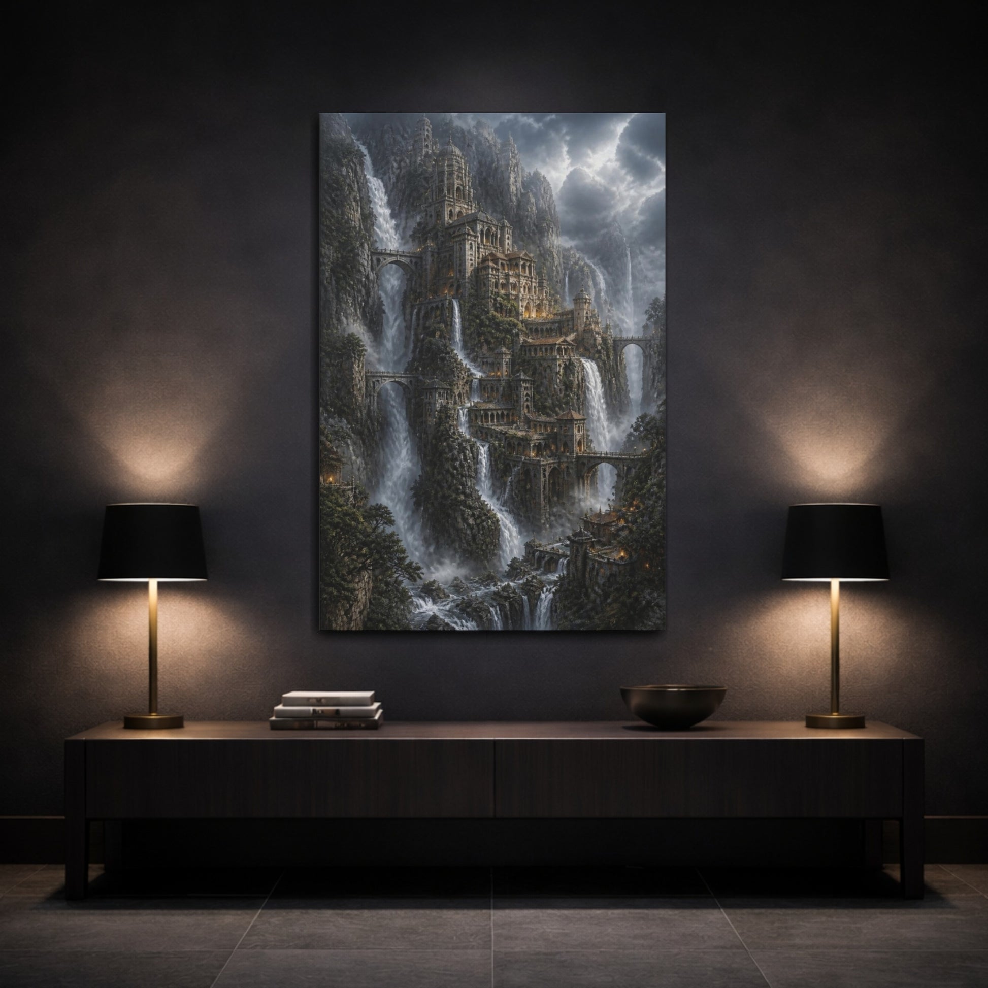Mockup 3. Cliffside Waterfall Citadel shown as canvas print