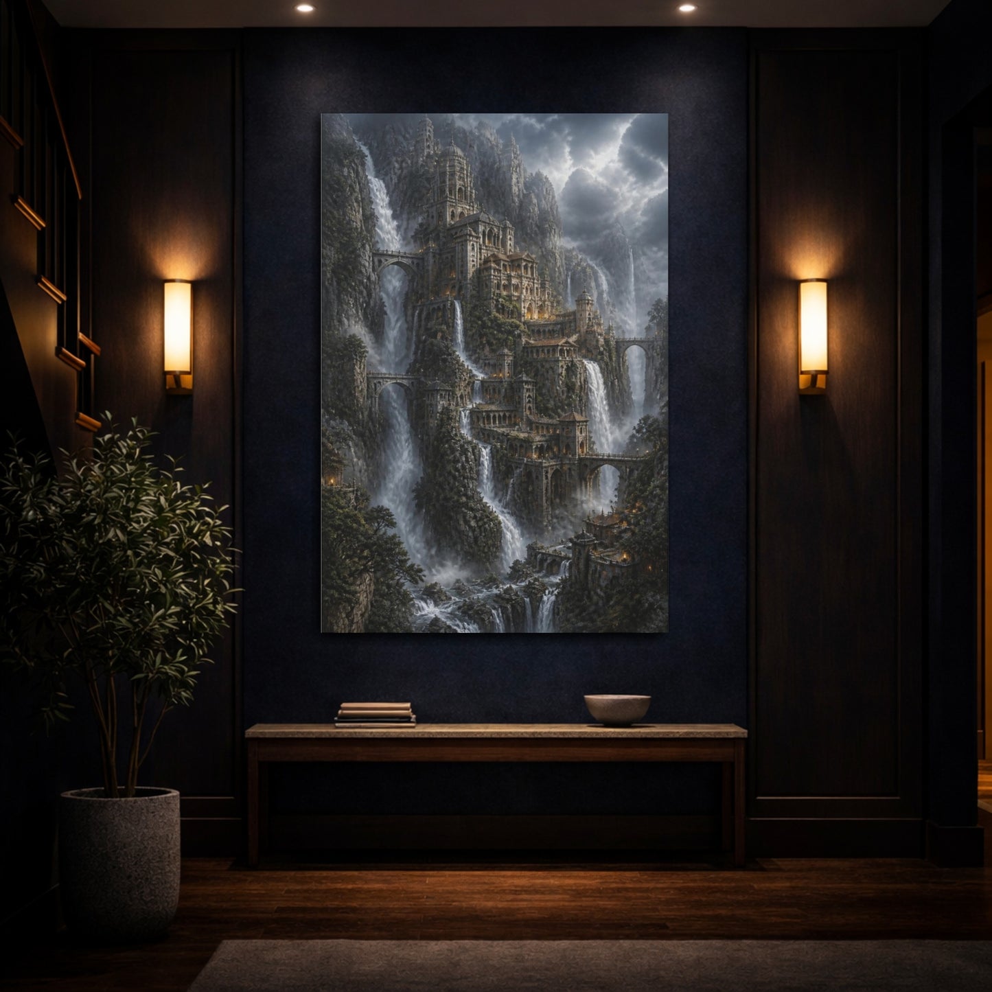 Mockup 4. Cliffside Waterfall Citadel shown as canvas print