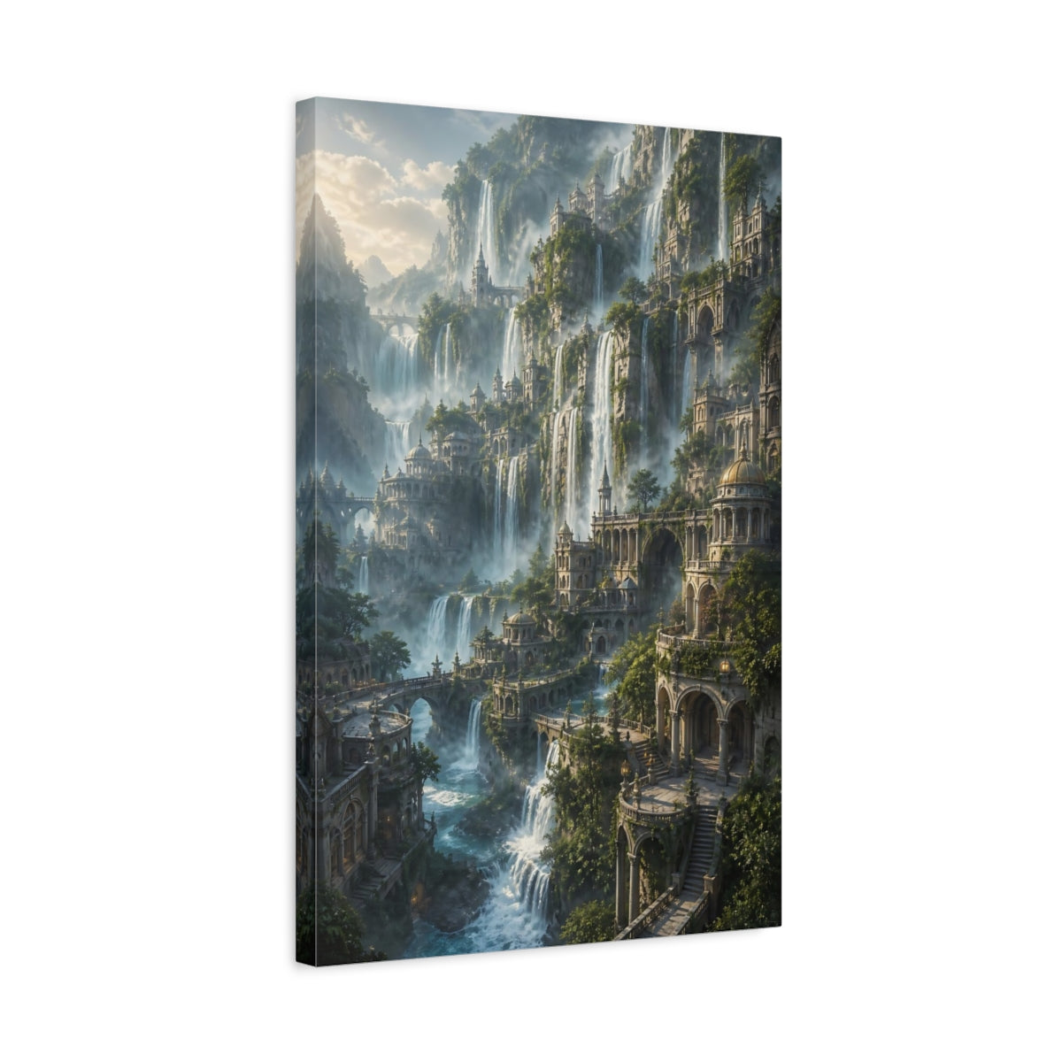 Side Mockup 3. Cliffside Waterfall City shown as canvas print