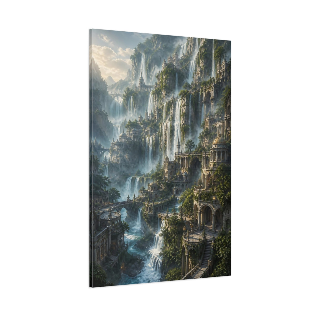 Side Mockup 1. Cliffside Waterfall City shown as canvas print