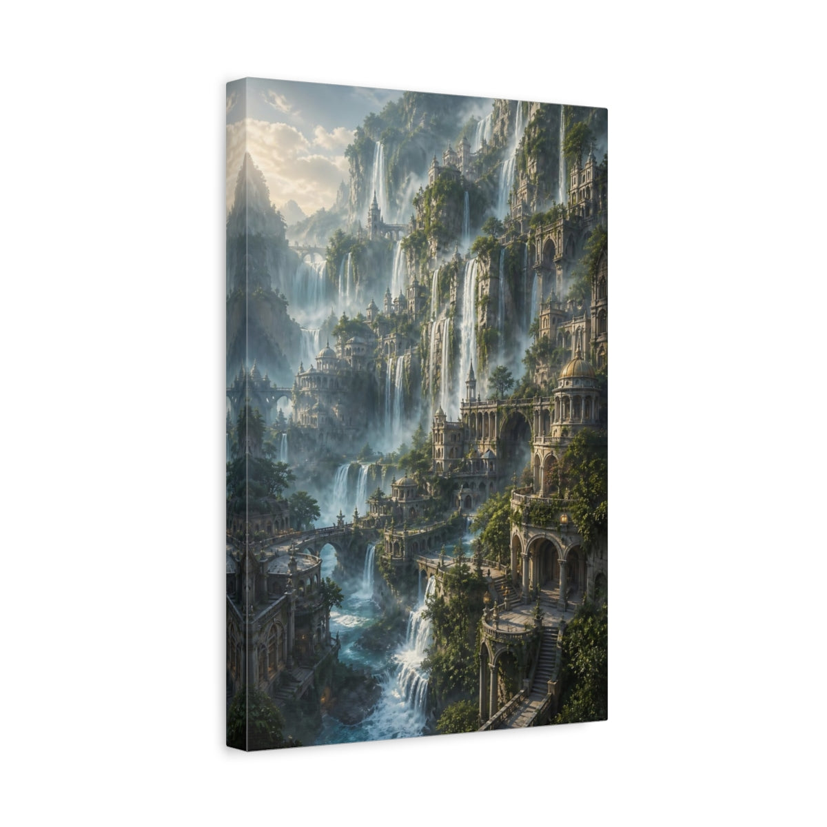 Side Mockup 4. Cliffside Waterfall City shown as canvas print