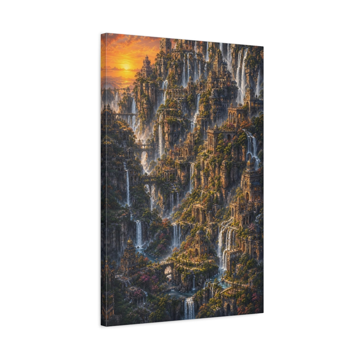 Side Mockup 2. Cliffside Waterfall City shown as canvas print