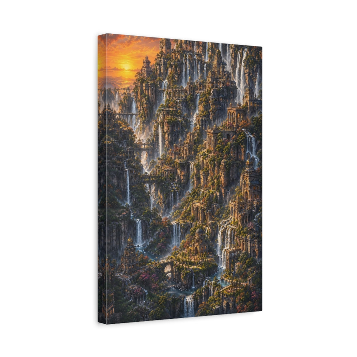 Side Mockup 4. Cliffside Waterfall City shown as canvas print