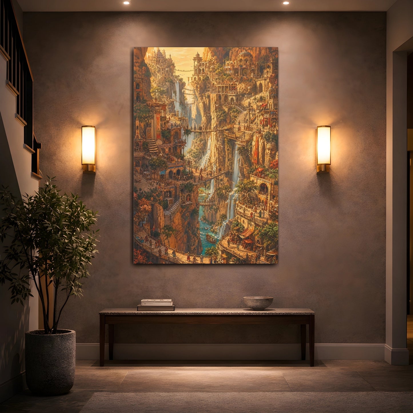 Mockup 2. Cliffside Waterfall City shown as canvas print
